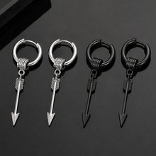 Viking arrow drop hoop earrings in silver and black stainless steel with engraved Nordic details.