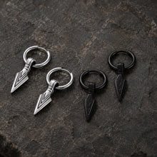 Viking arrowhead hoop earrings in silver and black, featuring a Nordic geometric design.
