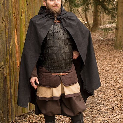 Black hooded Viking battle cloak, wool blend, over leather armor.