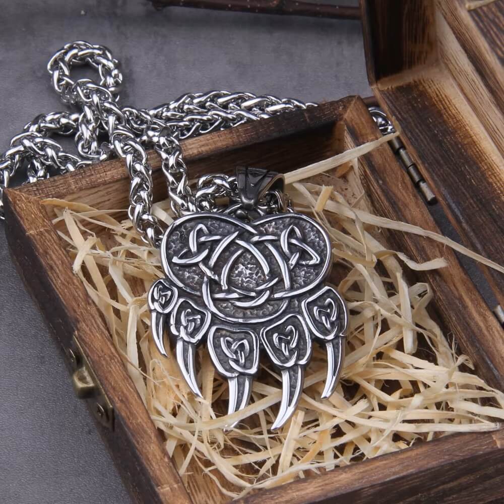 Viking Norse Bear Claw Necklace on Steel Chain