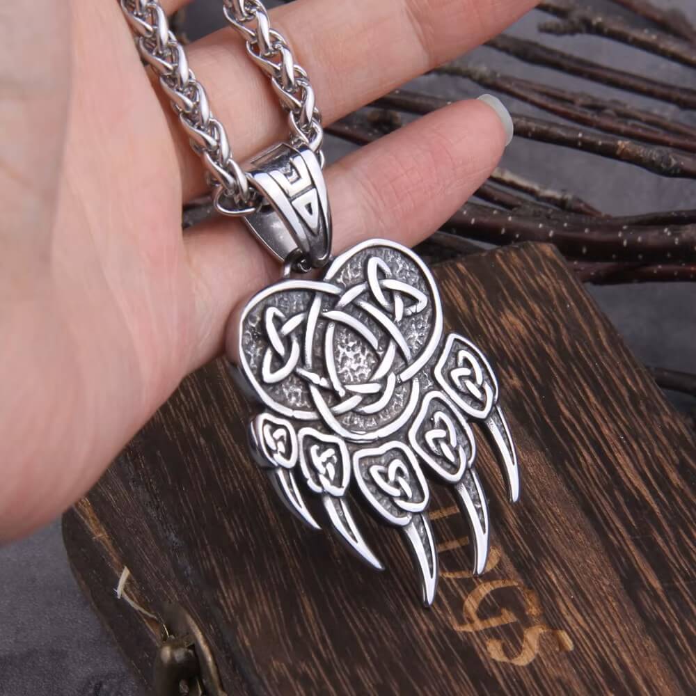 Viking Norse Bear Claw Necklace on Steel Chain
