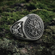 Viking silver ring with a detailed Vegvisir compass and double axe totem design.