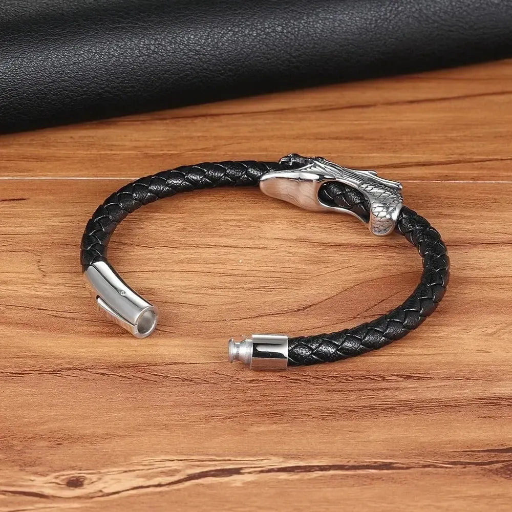 Viking Dragon Bracelet with Leather Strap and Dragon in Ouroboros-2-Viking Warrior