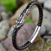 Viking dragon bracelet: black braided leather strap, silver dragon head, and sleek metal clasp.
