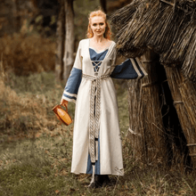 Viking long-sleeved dress in natural and blue with front lacing and braided belt.