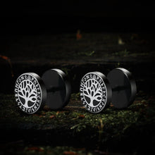 Pair of black Viking stud earrings with a silver Norse Tree of Life and runic symbols.