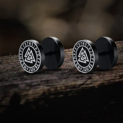 Pair of black Viking stud earrings with silver Valknut symbol and runic border.