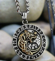 Viking Fenrir wolf pendant on a silver chain, featuring a gold wolf, sun, and runes.