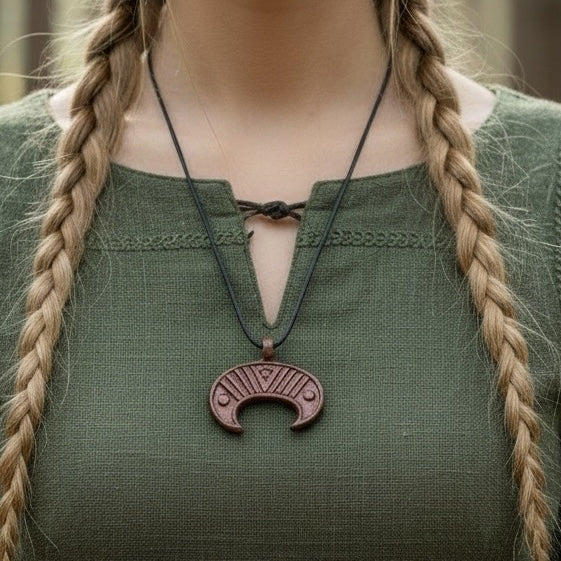 Viking Luna pendant: bronze crescent moon with geometric details on a black cord, worn over a green tunic.