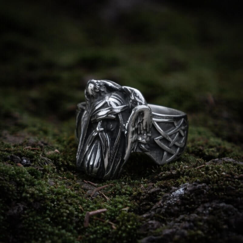 Viking Odin Raven stainless steel ring with intricate Norse knotwork on a mossy surface.