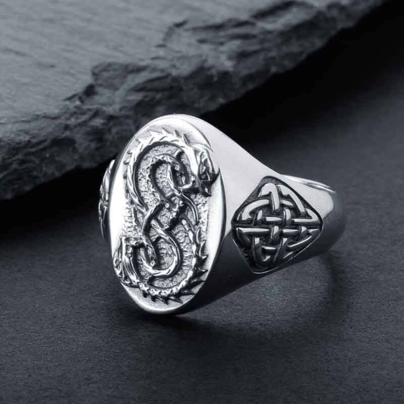 Viking Serpent Celtic Knot Silver Signet Ring
