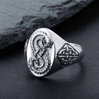 Viking Serpent Celtic Knot Silver Signet Ring