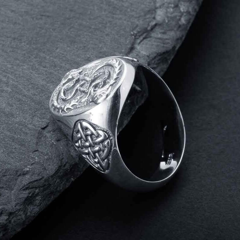 Viking Serpent Celtic Knot Silver Signet Ring