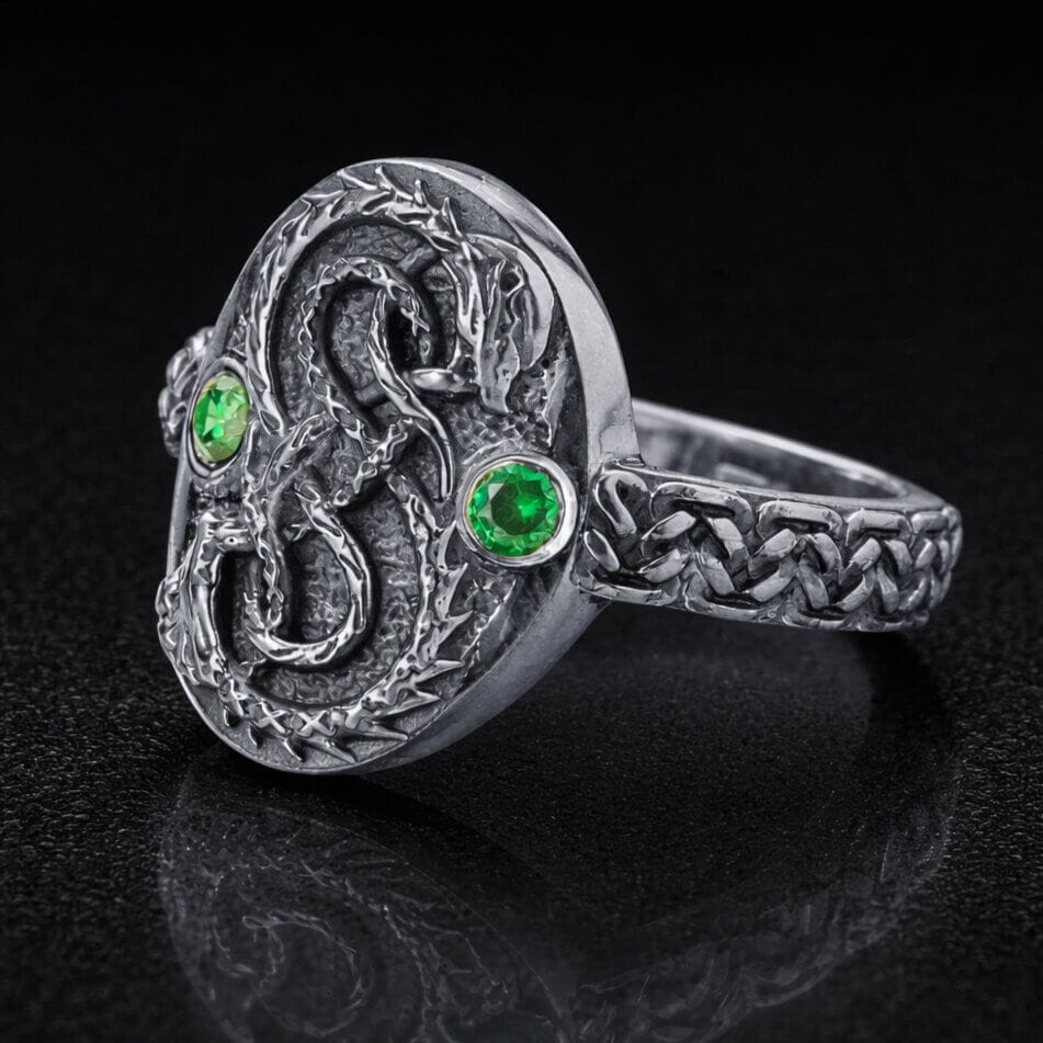 Viking Silver Serpent Ring with Green Stones
