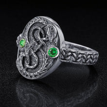 Viking Silver Serpent Ring with Green Stones
