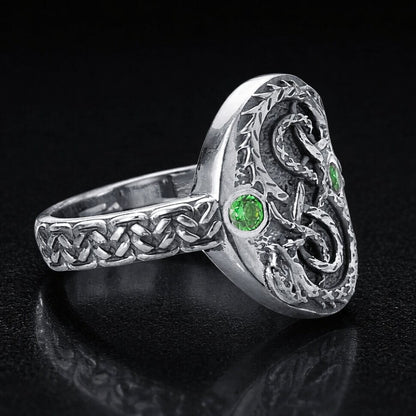 Viking Silver Serpent Ring with Green Stones