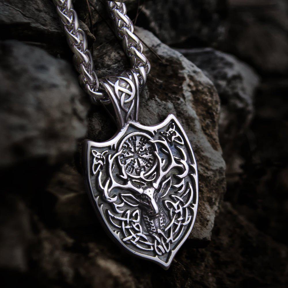 Viking silver stag shield protection necklace with intricate knotwork and Vegvisir symbol.