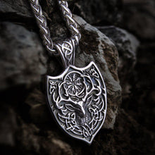 Viking silver stag shield protection necklace with intricate knotwork and Vegvisir symbol.
