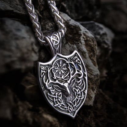 Viking silver stag shield protection necklace with intricate knotwork and Vegvisir symbol.