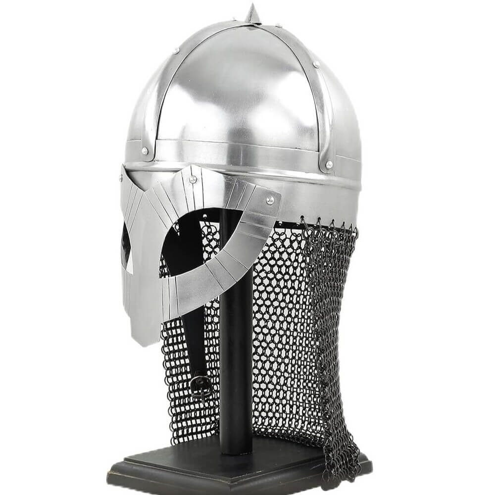 Viking steel war helm with face guard and chainmail aventail on a black stand.
