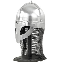 Viking steel war helm with face guard and chainmail aventail on a black stand.