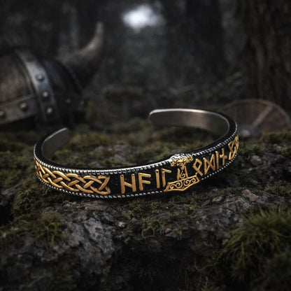 Viking Thor Hammer runic cuff bracelet in silver and gold, featuring Celtic knotwork and runes.