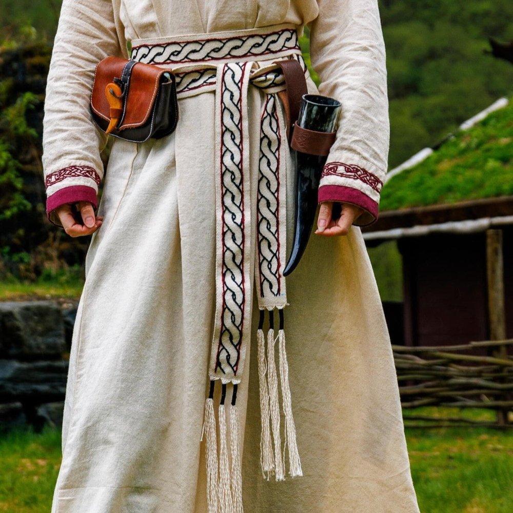 Viking tie belt for ladies dresses, natural color, woven design with red accents and tassels.
