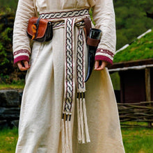 Viking tie belt for ladies dresses, natural color, woven design with red accents and tassels.