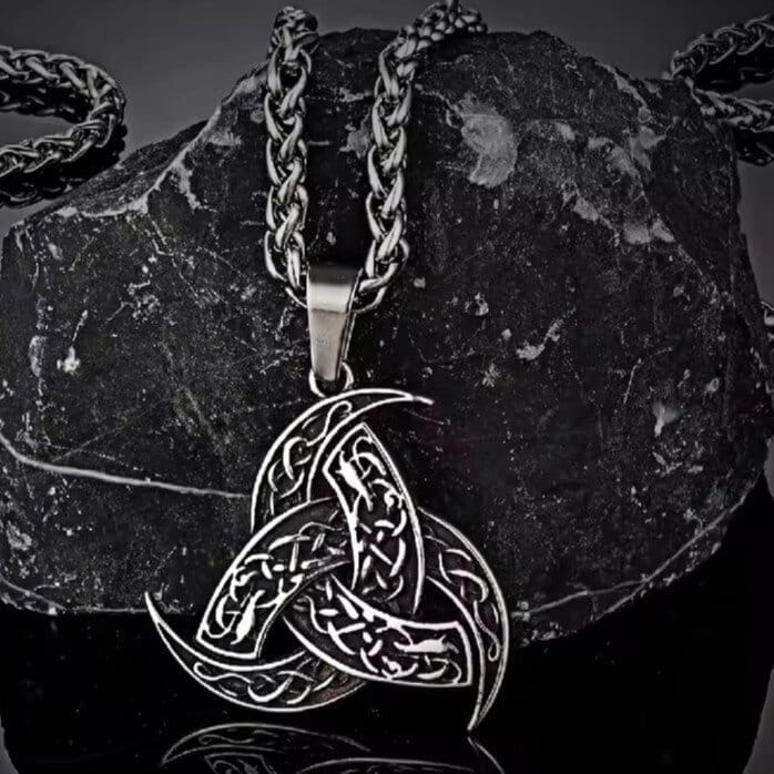 Viking Triple Horn of Odin Pendant Necklace with Celtic Knotwork
