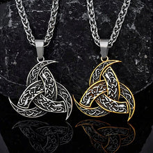 Viking Triple Horn of Odin pendant necklaces, one silver and one gold, with intricate Celtic knotwork.