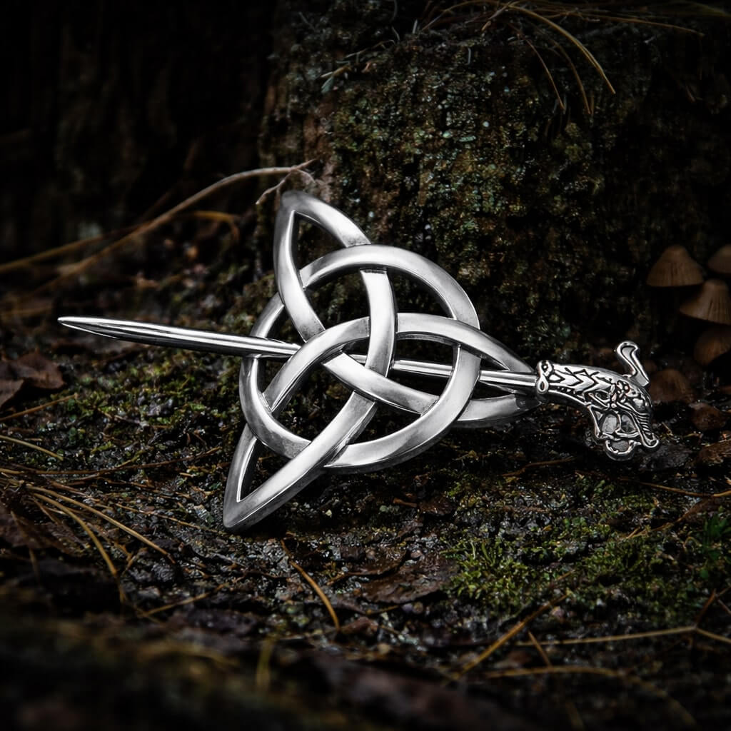 Silver Viking Triquetra hair clip with a sword-shaped pin, resting on mossy ground.