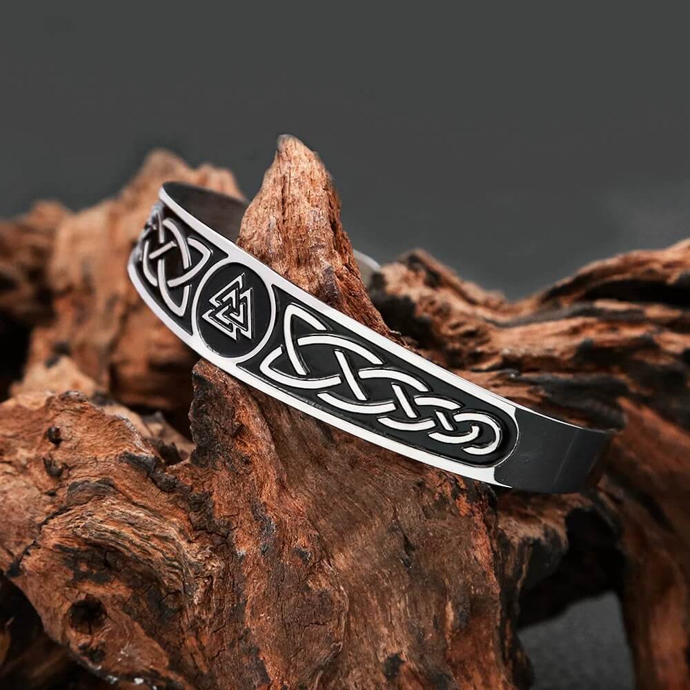 Viking Valknut Celtic Knot stainless steel cuff bracelet with intricate silver and black design.