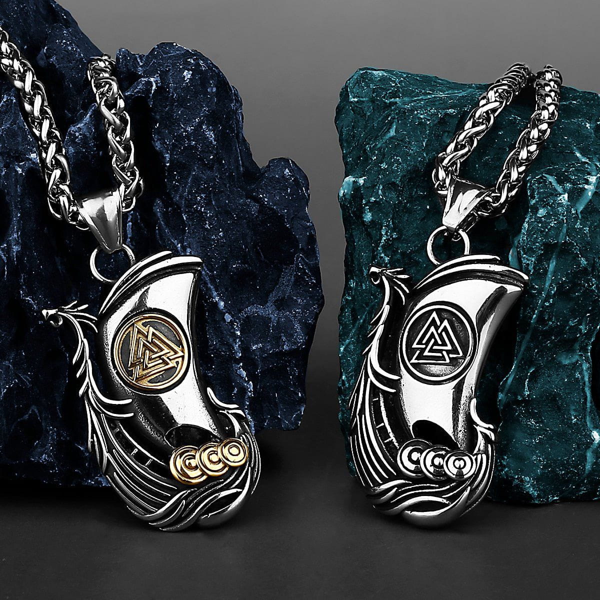 Viking Valknut Longboat Pendant Necklace, silver and gold stainless steel, intricate dragon head design.