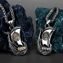 Viking Valknut Longboat Pendant Necklace, silver and gold stainless steel, intricate dragon head design.