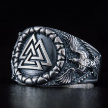 Viking silver ring with Valknut symbol and raven design.