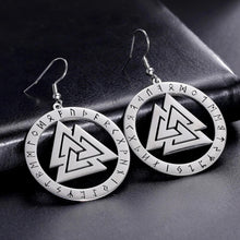 Silver Viking Valknut rune circle stainless steel dangle earrings.