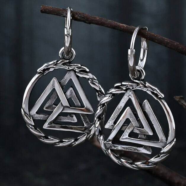 Viking Valknut stainless steel hoop earrings with intricate braided edges.