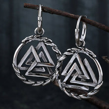 Viking Valknut stainless steel hoop earrings with intricate braided edges.