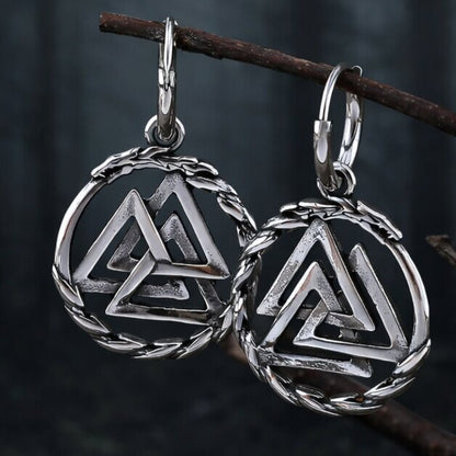 Viking Valknut stainless steel hoop earrings with intricate braided edges.