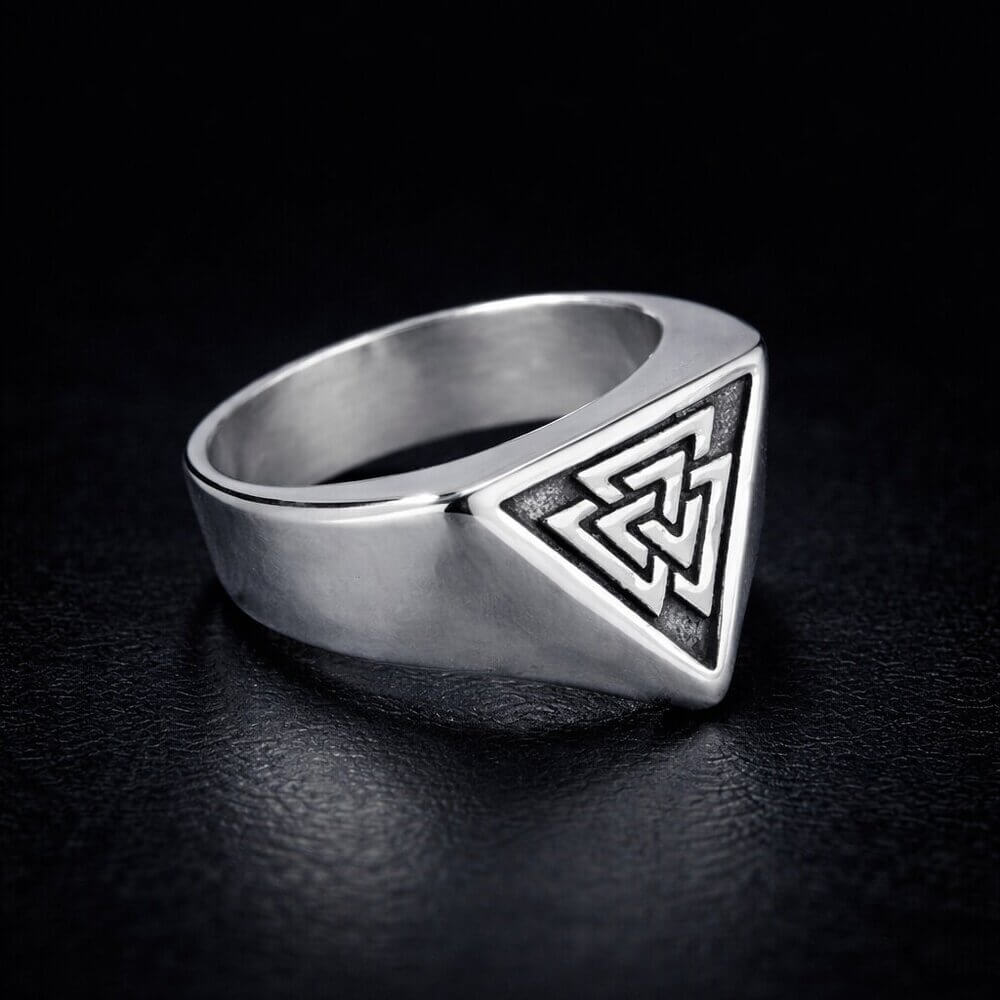 Viking Valknut stainless steel signet ring with a prominent triangular symbol.