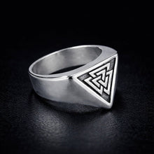 Viking Valknut stainless steel signet ring with a prominent triangular symbol.