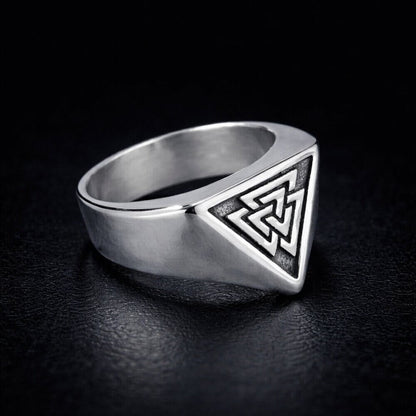 Viking Valknut stainless steel signet ring with a prominent triangular symbol.