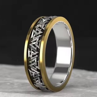 Viking Valknut sterling silver band ring with gold edges and intricate knotwork design.