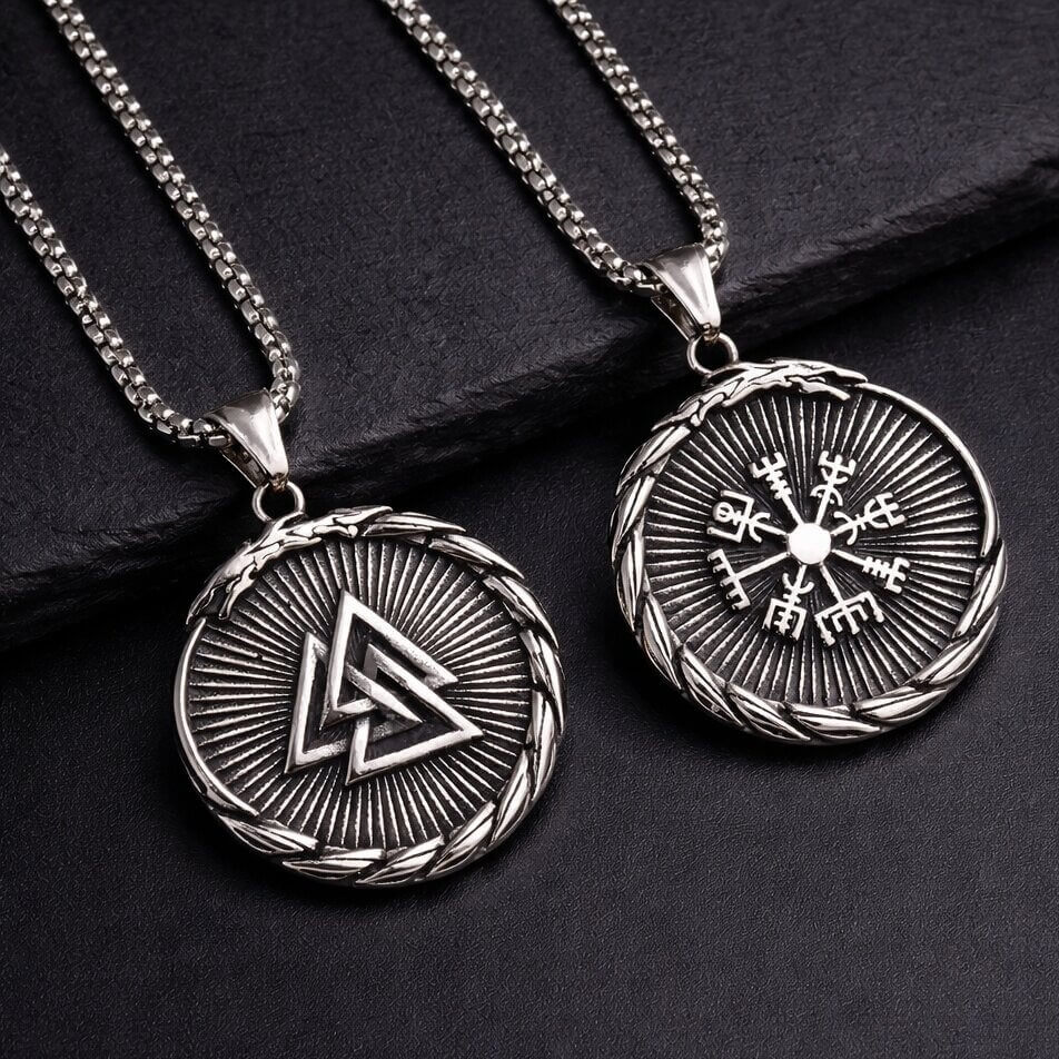 Viking Valknut and Vegvisir compass necklaces, silver-toned stainless steel pendants with braided edges.