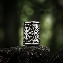 Viking Vegvisir beard bead in antique silver, featuring intricate knotwork and a compass design.