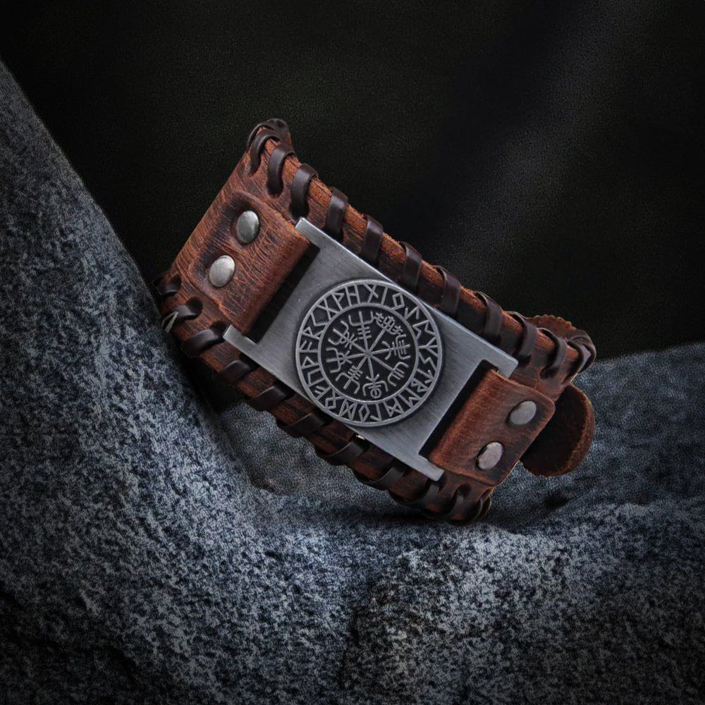 Viking brown leather cuff bracelet with a silver Vegvisir rune circle plate and buckle.