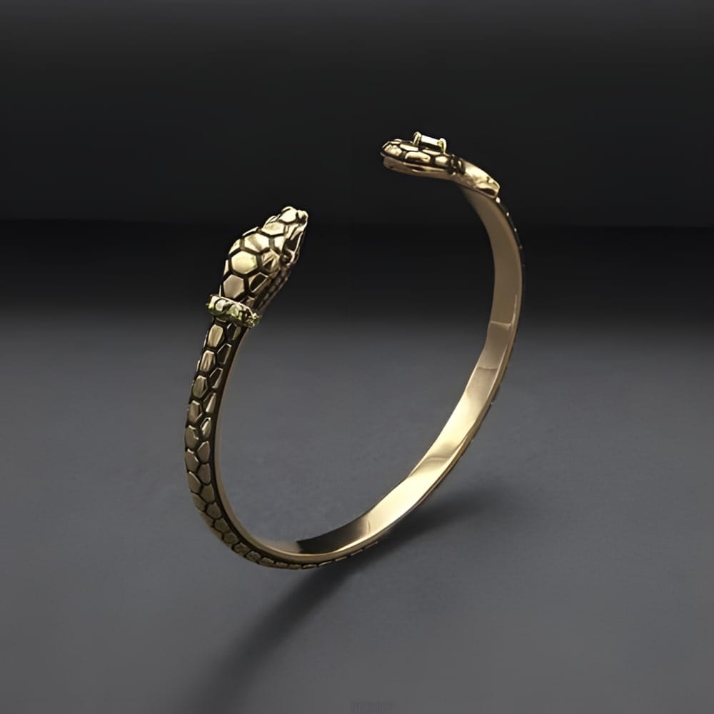 Viking Viper Serpent Bracelet: Gold-tone metal cuff with detailed snake heads and scale texture.