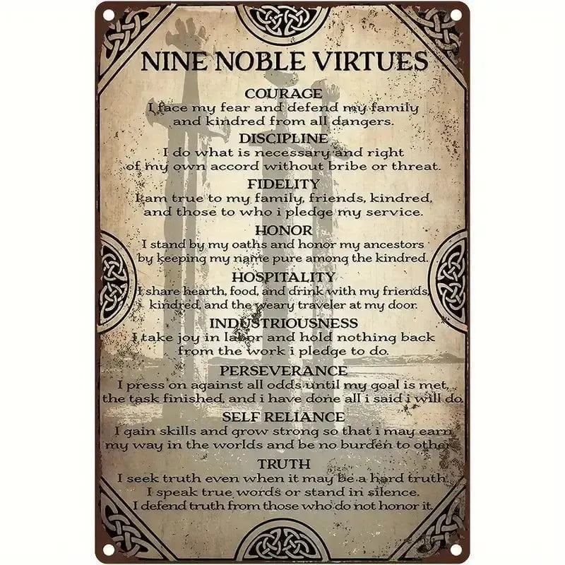 Viking Nine Noble Virtues metal sign with Celtic knot border and sword graphic.