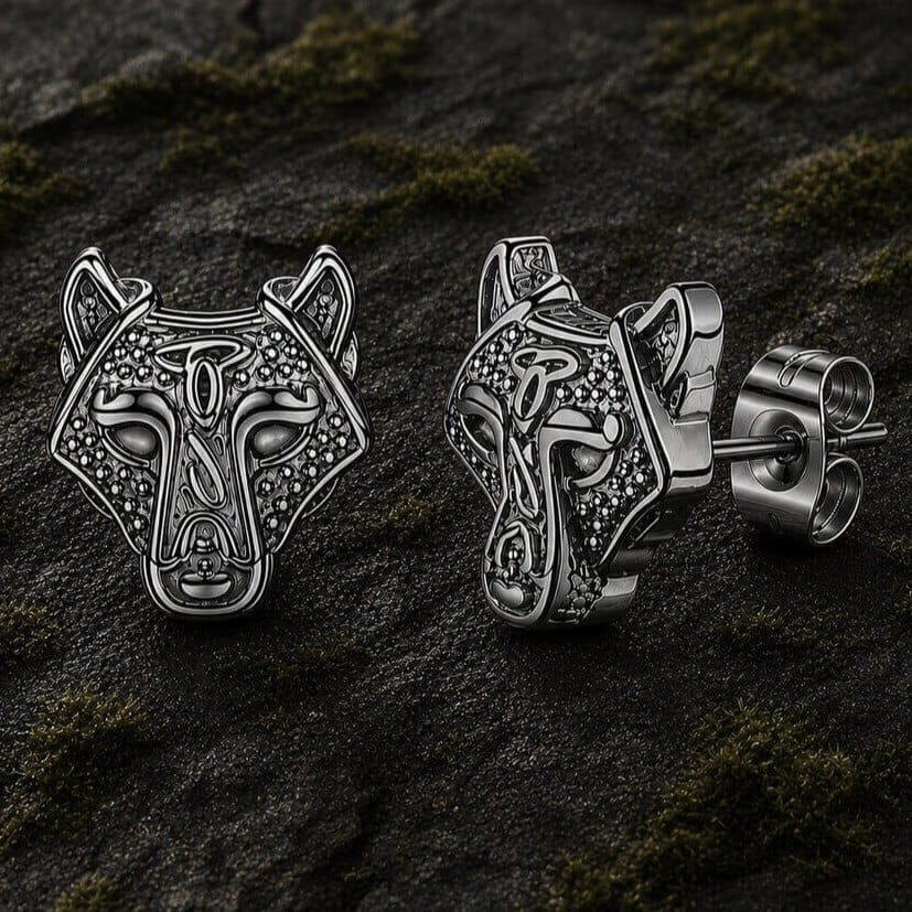 Viking Wolf Head Stud Earrings | Black & Silver Finish