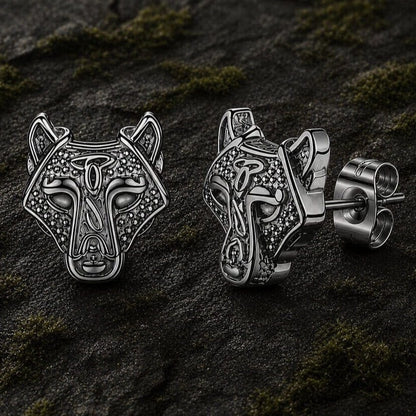 Viking Wolf Head Stud Earrings | Black & Silver Finish